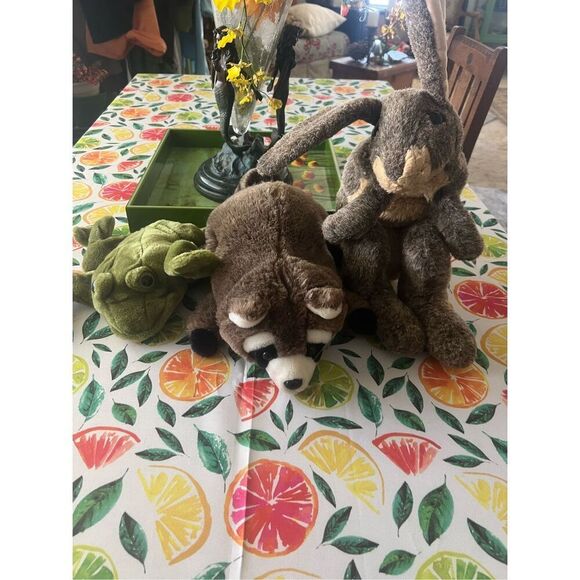 Three vintage plush hand puppets, jack rabbit, raccoon and frog folkmanis, dakin - Picture 1 of 16